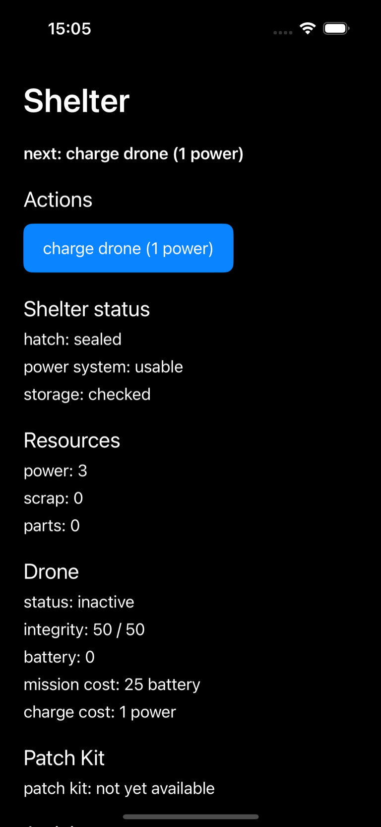 Current 2089 shelter screen showing a repaired drone, three units of power, and a charge drone action.