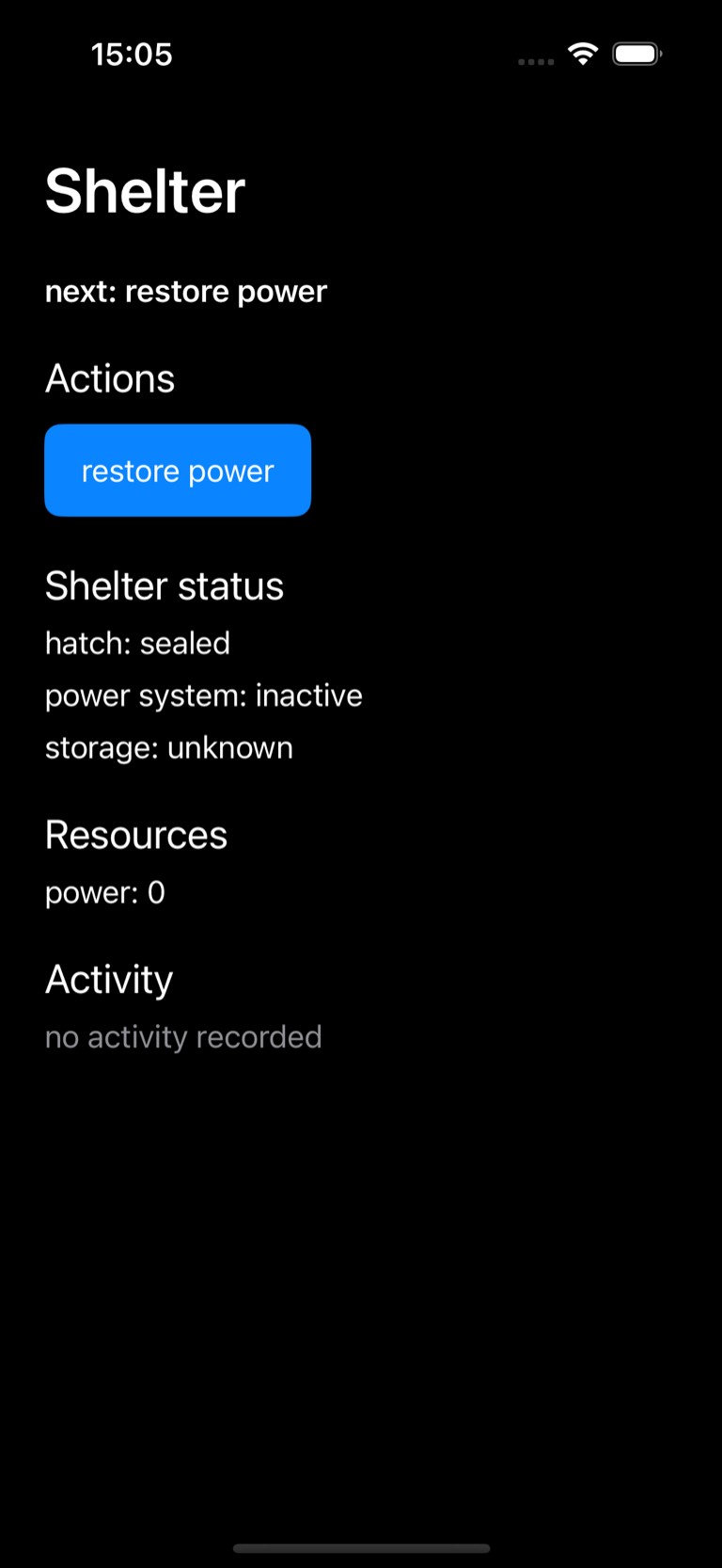 Current 2089 shelter screen showing a sealed hatch, inactive power system, empty activity log, and one restore power action.