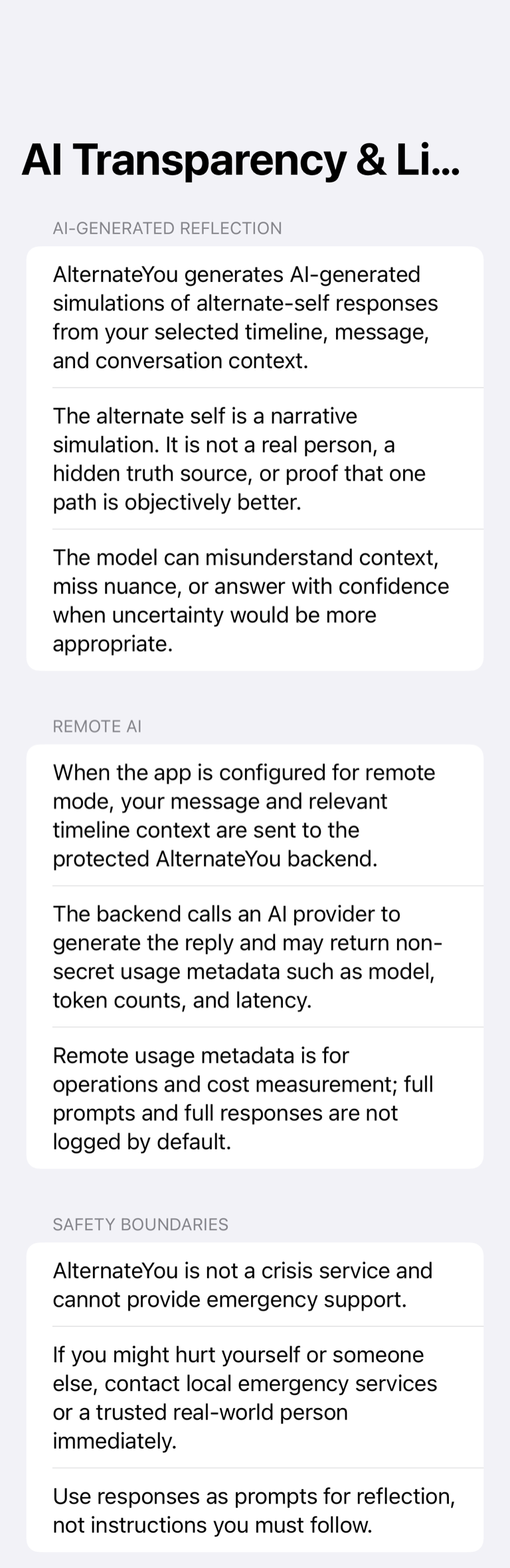 AlternateYou AI Transparency and Limits screen explaining generated reflection, remote AI processing, uncertainty, and safety boundaries.