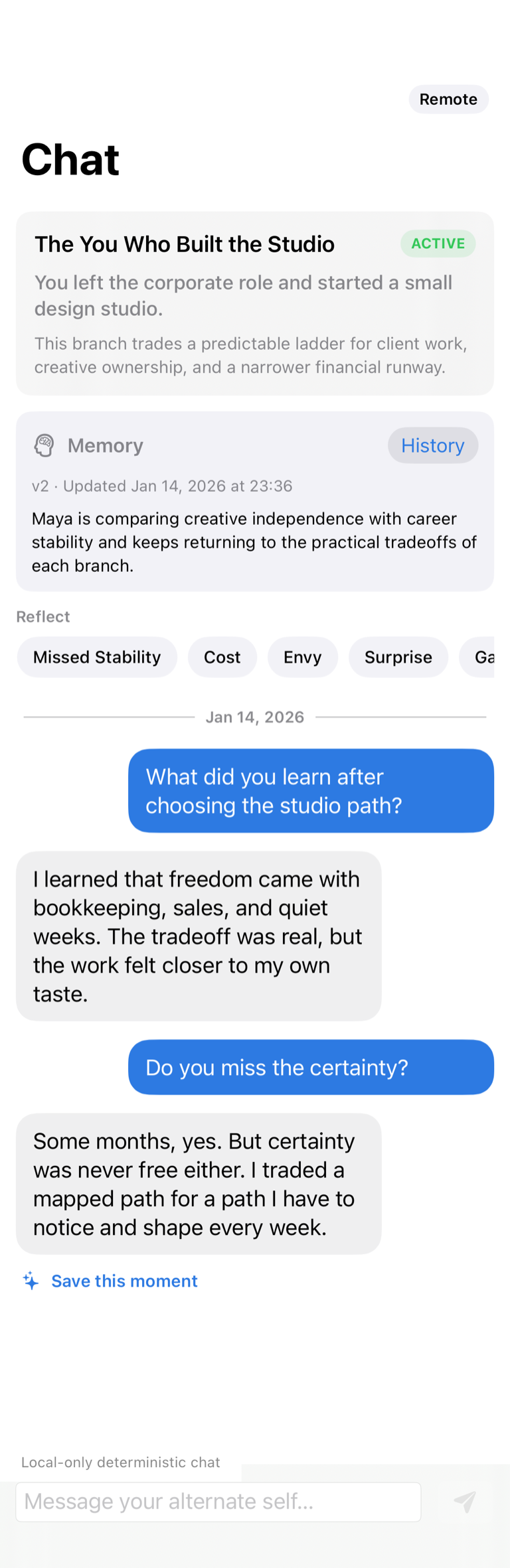 AlternateYou chat screen for a fictional studio timeline showing the active branch, local memory, reflection prompts, a seeded conversation, and a save this moment action.