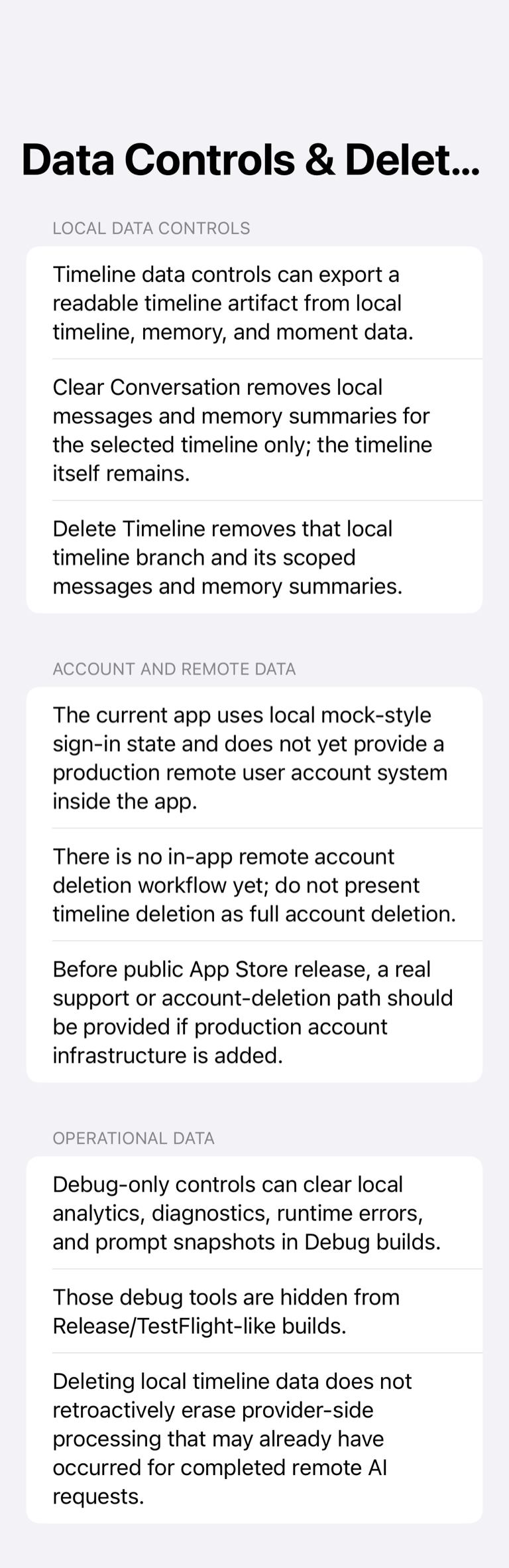 AlternateYou Data Controls and Deletion screen explaining local export, conversation clearing, timeline deletion, mock account state, and provider-processing limits.