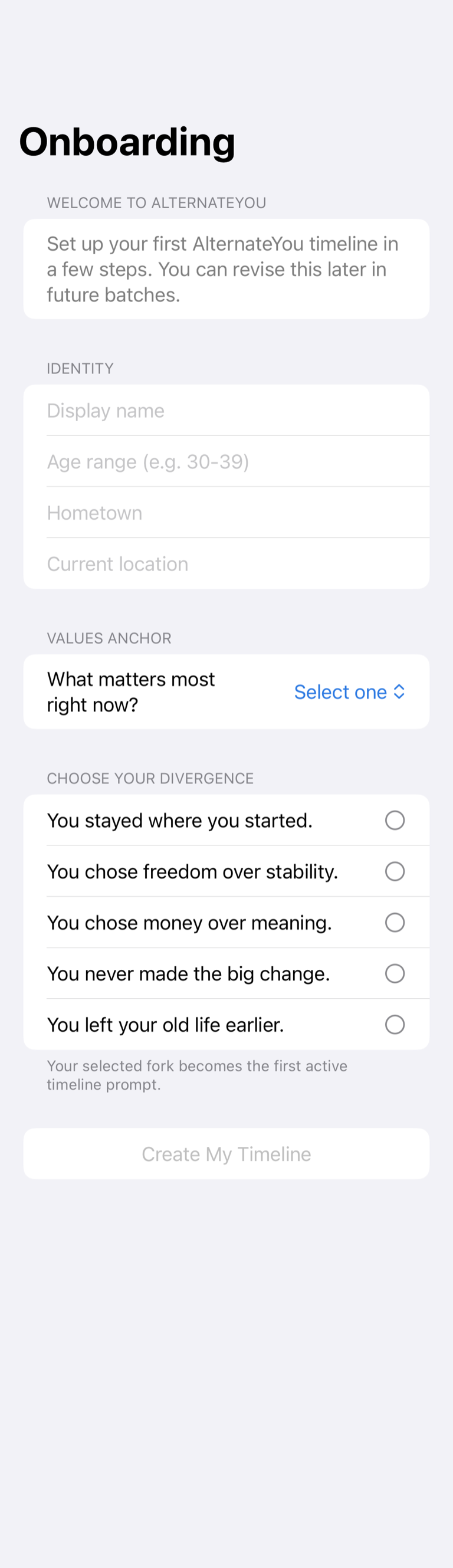 AlternateYou onboarding screen with identity fields, a current-values selector, and five life-divergence choices.