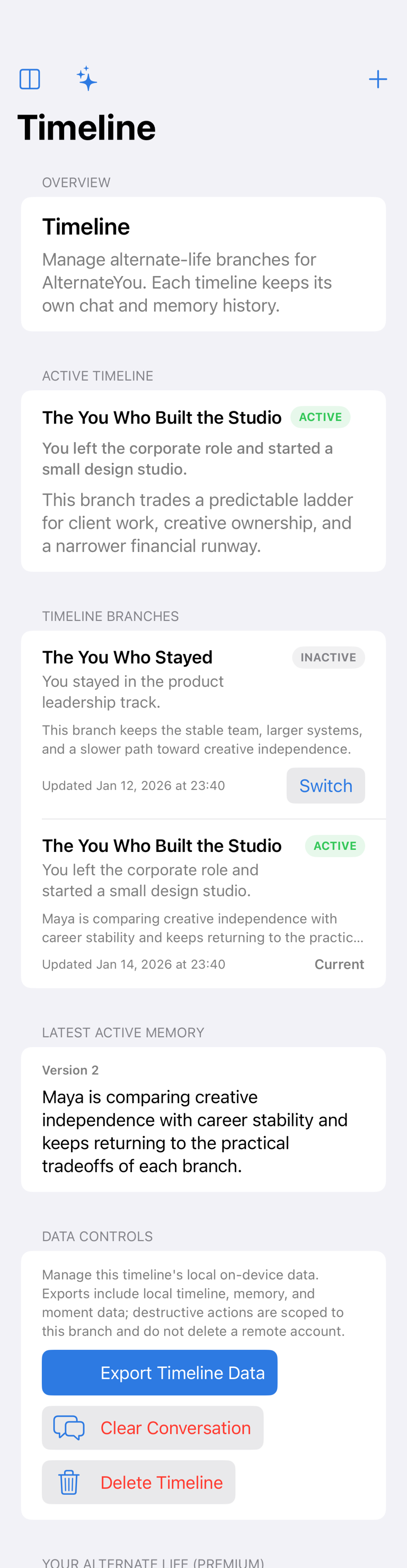 AlternateYou timeline screen showing two fictional alternate-life branches, the active memory summary, and timeline-scoped export, clear, and delete controls.