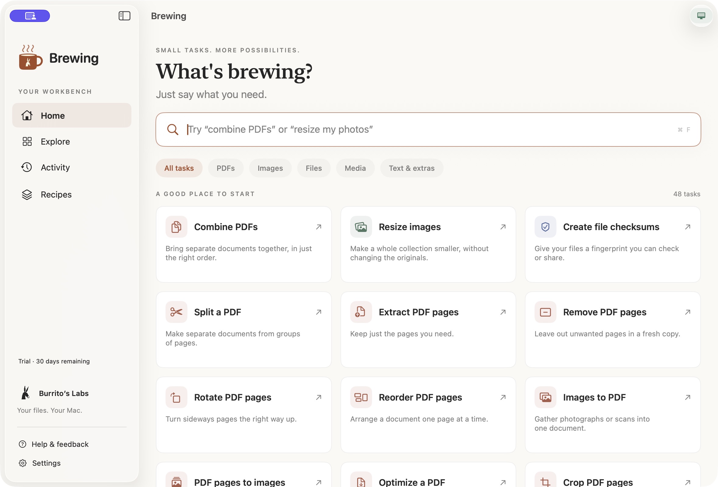 The native Brewing workspace with task search and a grid of tools.