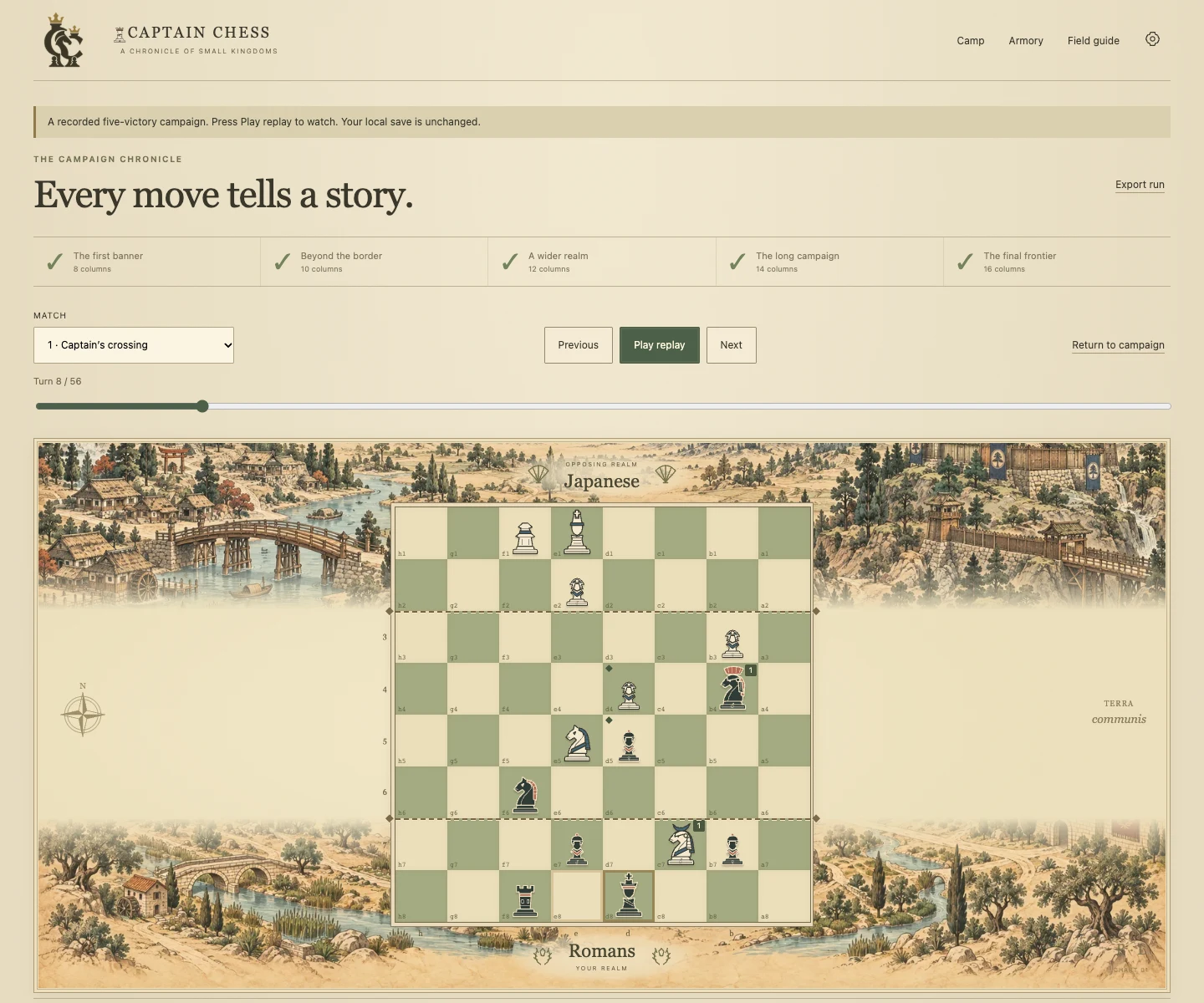 Captain Chess on a parchment map, with historical armies, dotted home frontiers and a recorded campaign.