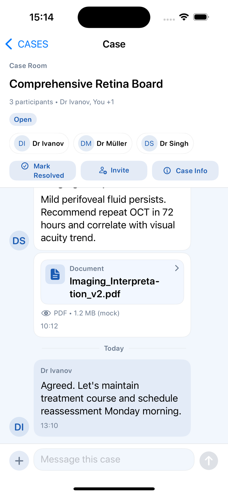 CASES case room for a fictional retina board showing three participant chips, open status, resolution and invitation actions, a formal note, mock PDF card, message, and composer.