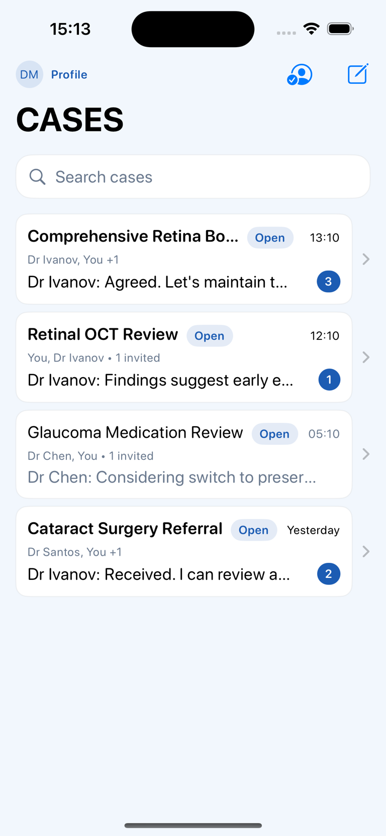 CASES iPhone dashboard showing four fictional clinical case cards with open status, participant context, recent activity, and unread counts.