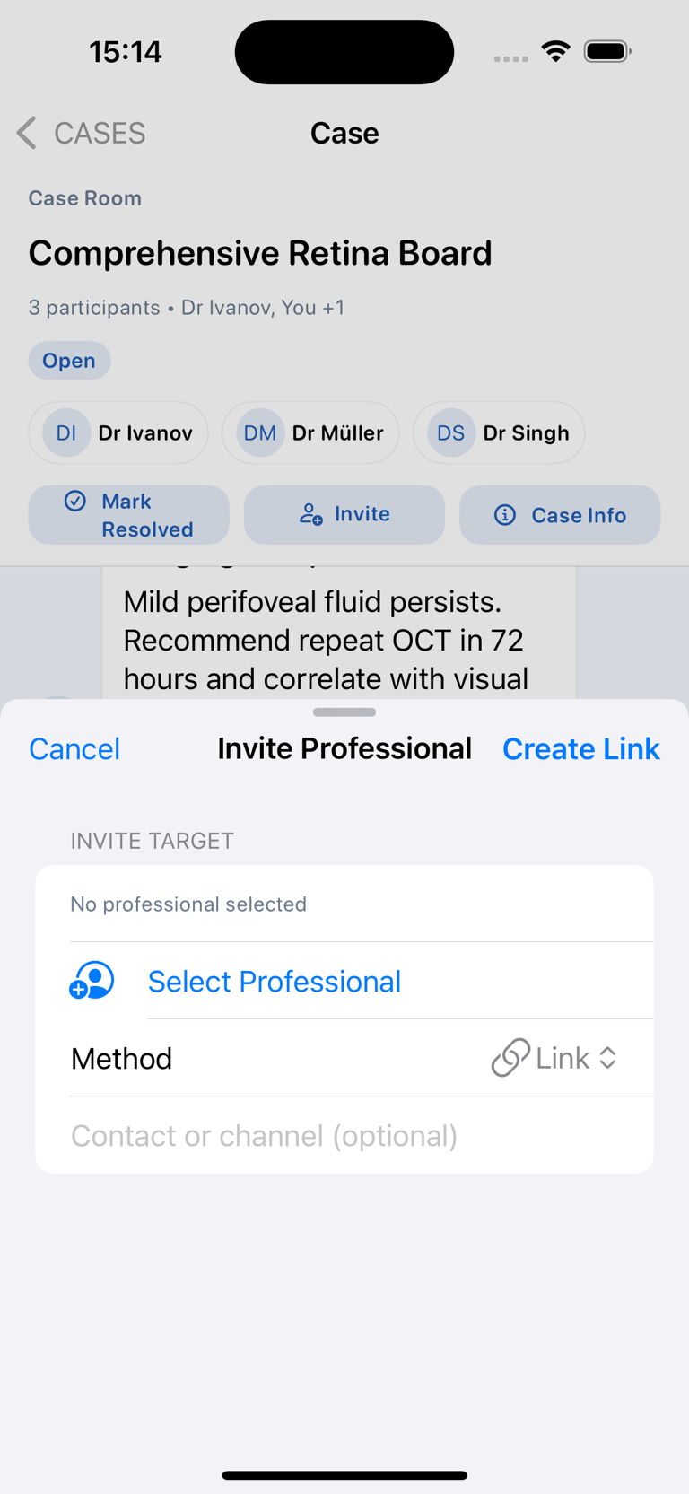 CASES Invite Professional sheet showing controls to select a professional, choose the link method, add an optional contact or channel, and create the link.