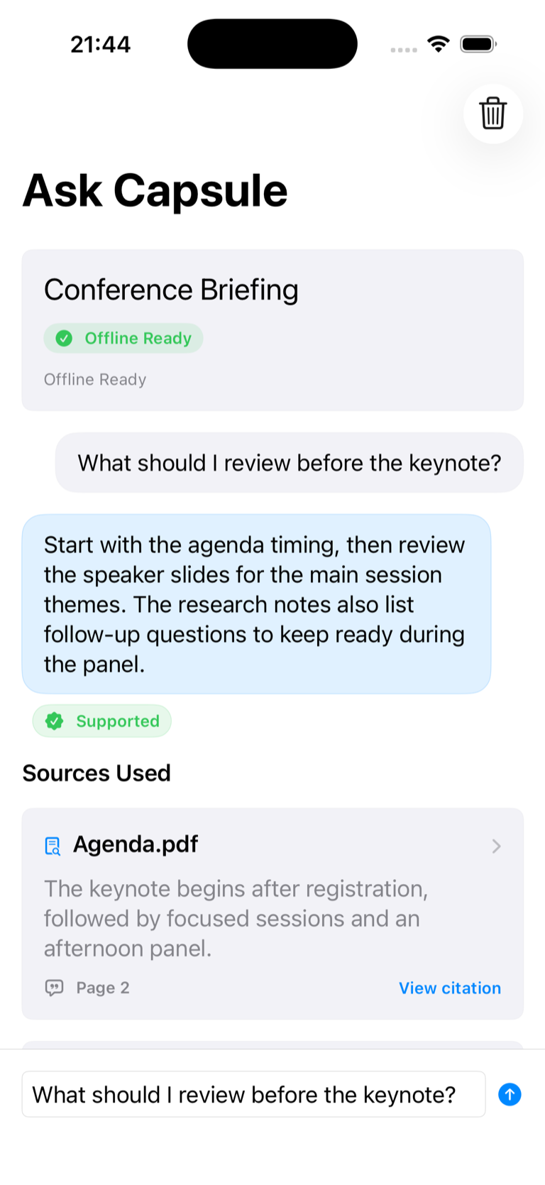 Cato Ask Capsule screen showing a question, a supported response, and the sources used.