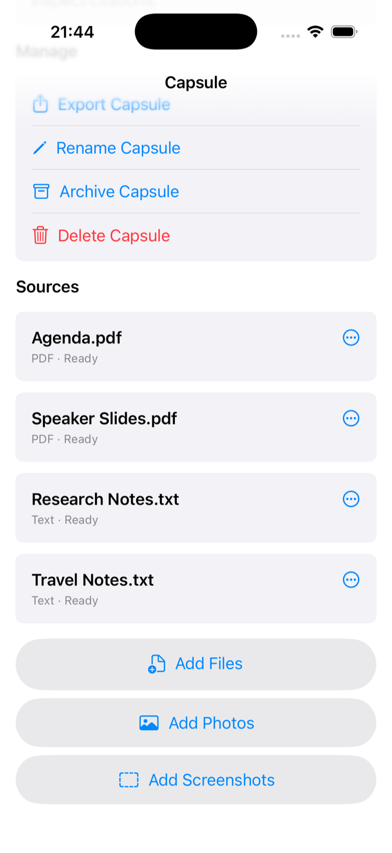 Cato Capsule screen listing ready PDF and text sources with controls to add files, photos, or screenshots.