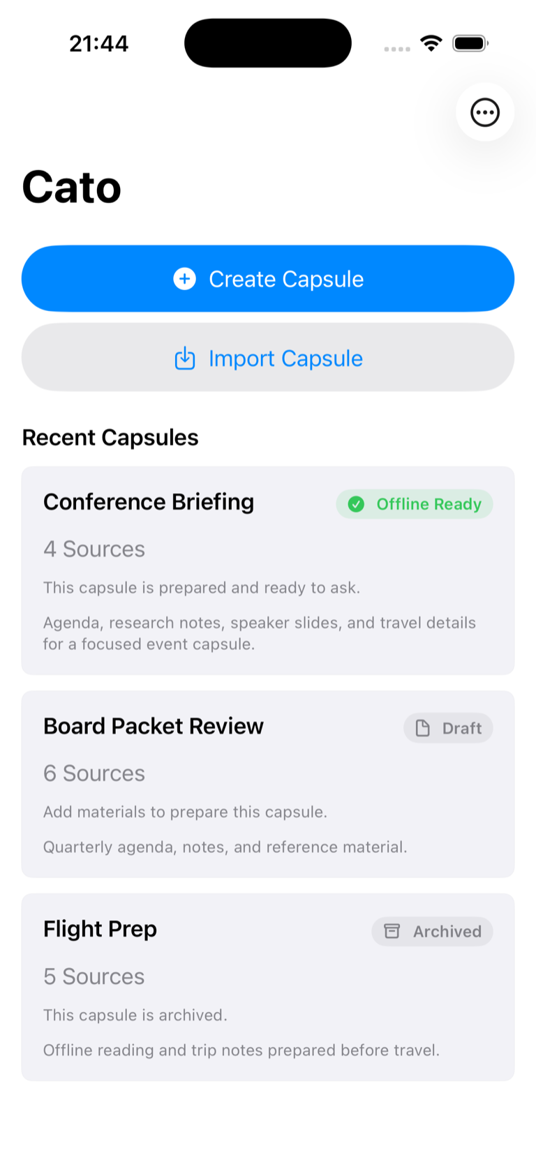Cato on iPhone showing controls to create or import a Capsule and a list of ready, draft, and archived Capsules.