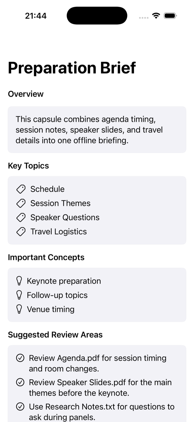 Cato Preparation Brief showing an overview, key topics, important concepts, and suggested review areas.