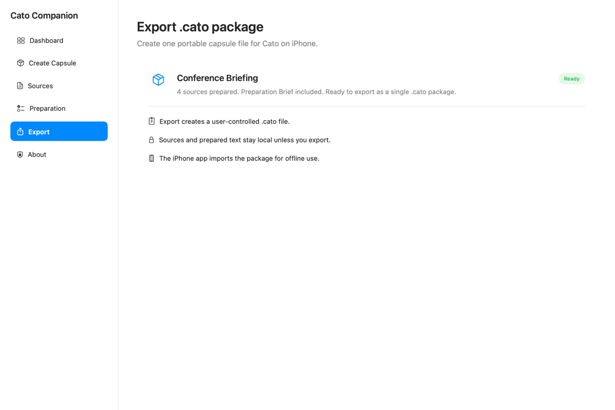 Cato Companion on Mac showing a prepared Conference Briefing workspace ready to export as a .cato package.