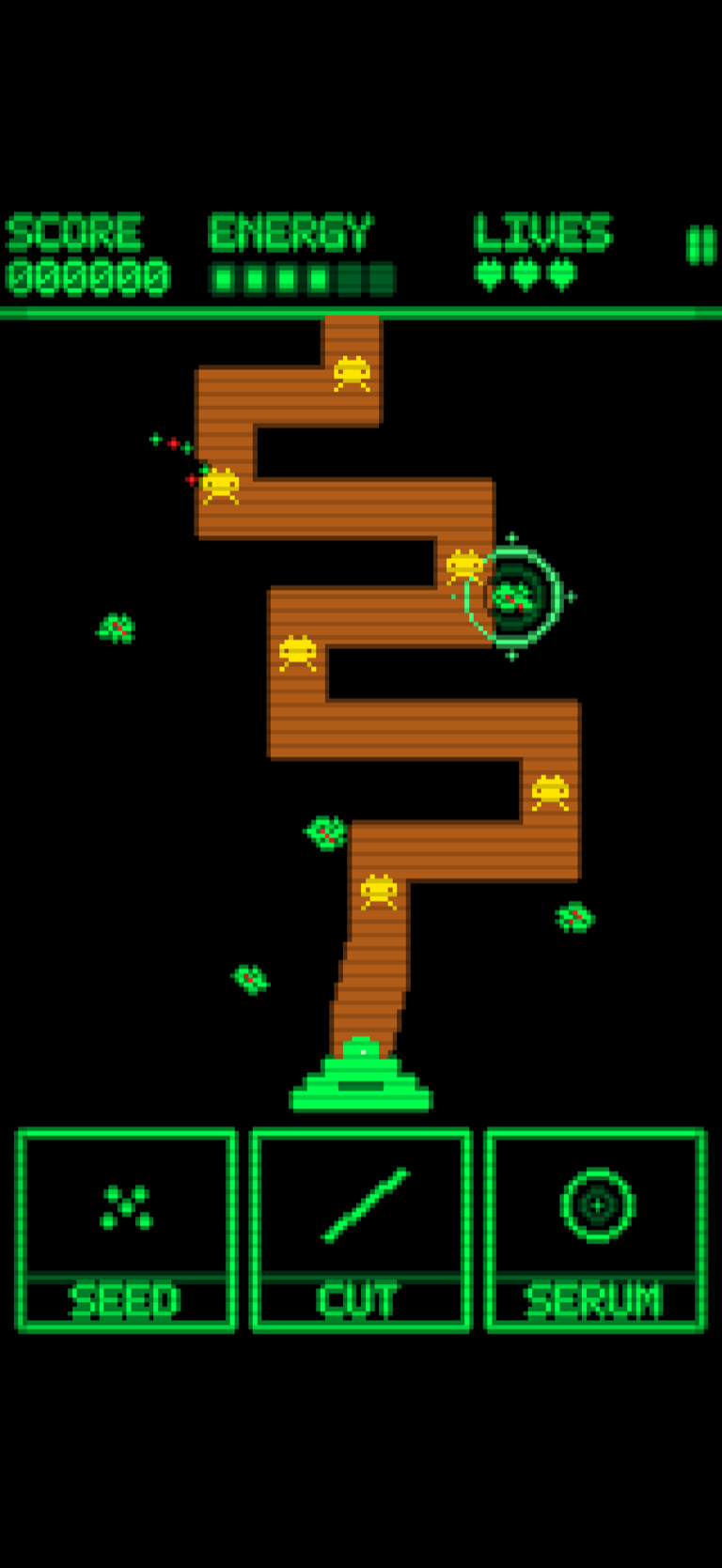 Staged Cellular Siege pixel-art board showing an orange circuit path, yellow bugs, green and red mold, a protected cell, a core, and Seed, Cut, and Serum controls.