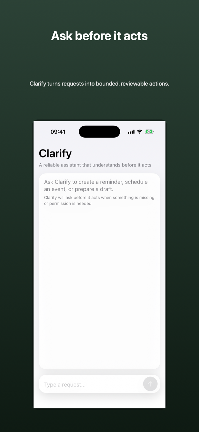 Framed iPhone screenshot with the headline Ask before it acts and an empty Clarify conversation above a request field.