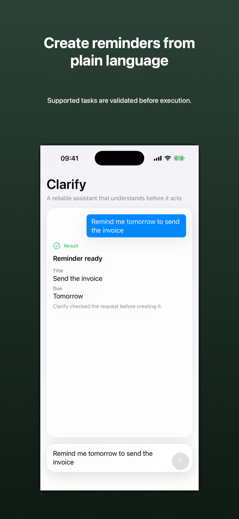 Framed iPhone screenshot showing a reminder request and a result card with title and due date.