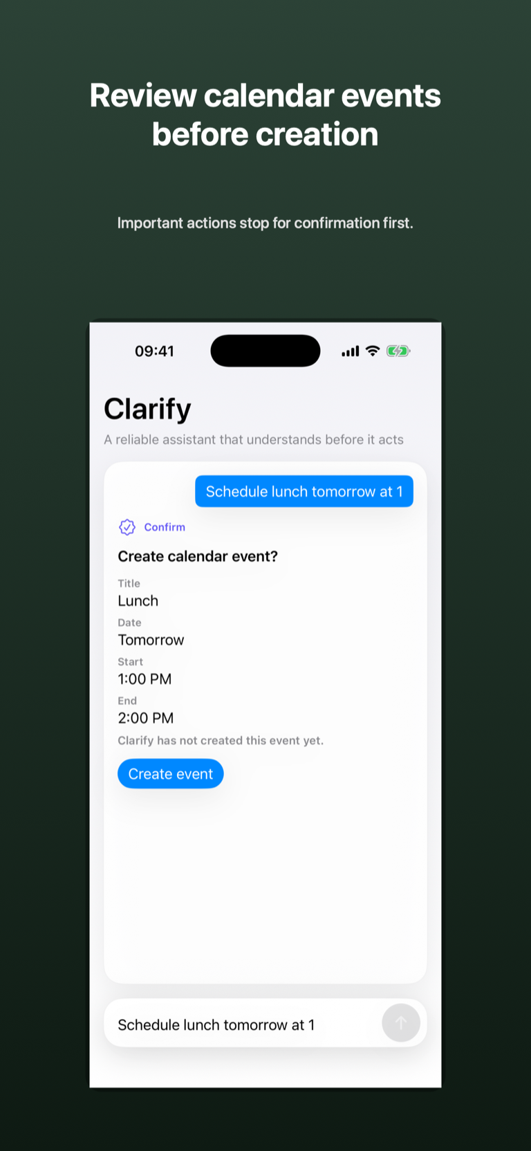 Framed iPhone screenshot showing a lunch request and a calendar confirmation card.