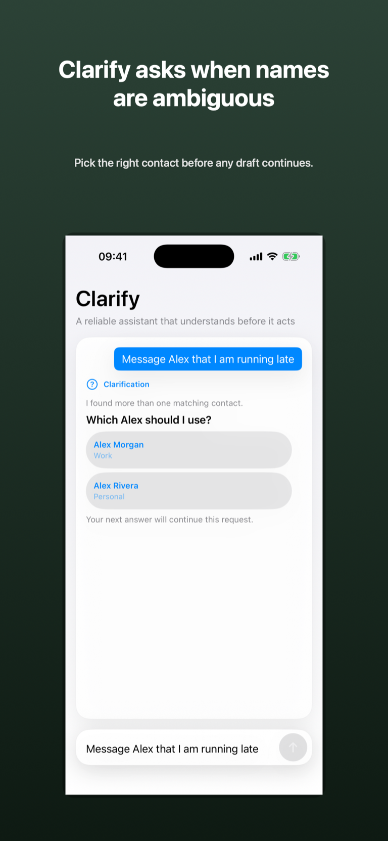 Framed iPhone screenshot asking which Alex to use and presenting two sample contacts.