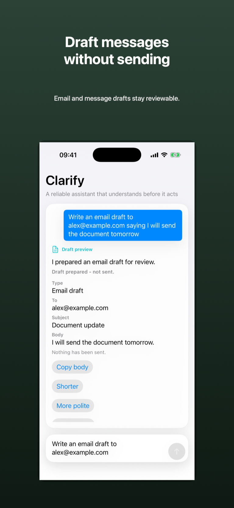 Framed iPhone screenshot showing an email draft, copy action, rewrite controls, and a not-sent statement.