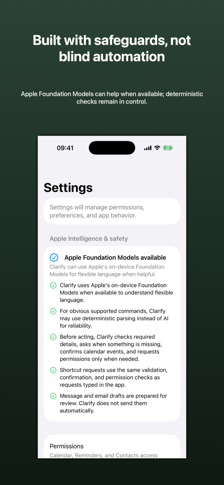 Framed iPhone Settings screenshot describing Apple Foundation Models and Clarify safeguards.