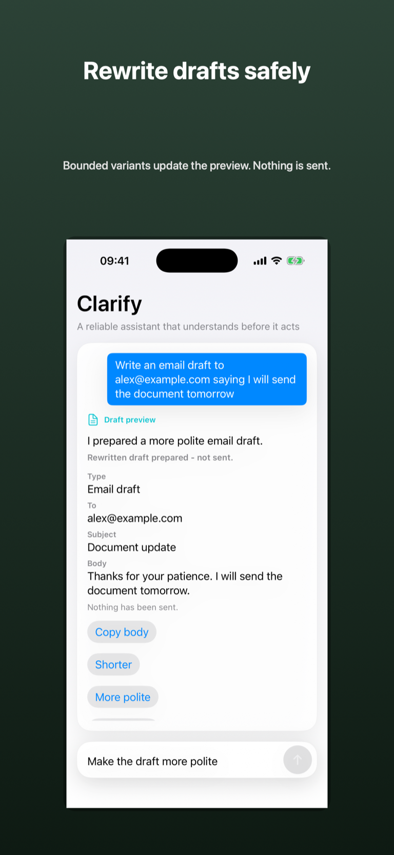 Framed iPhone screenshot showing a polite email rewrite with copy and rewrite controls.