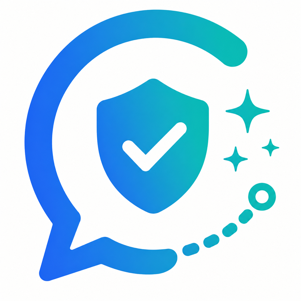 Clarify app icon with a blue and teal speech bubble surrounding a shield, checkmark, and sparkles.