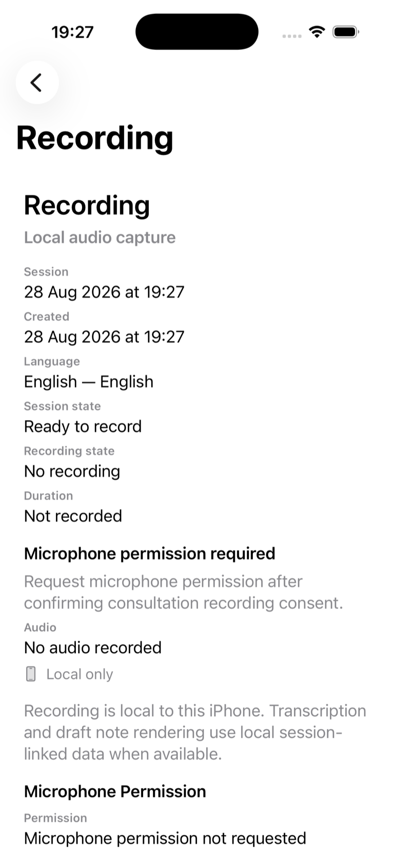ClinScribe Local consultation screen showing a synthetic session ready to record, microphone permission status, and local-only guidance.
