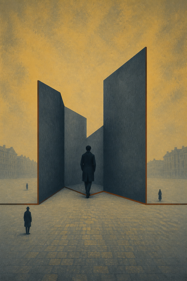 A lone man crosses a boundary that rises into tall walls while others remain outside.