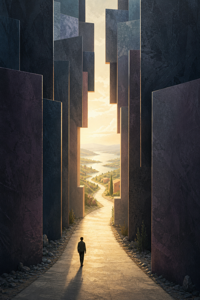 A figure walks along an illuminated path between dark planes toward an open landscape.