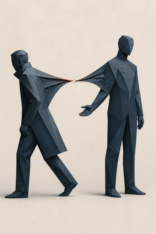 Two folded-paper figures turn apart while a strained sheet still connects them.