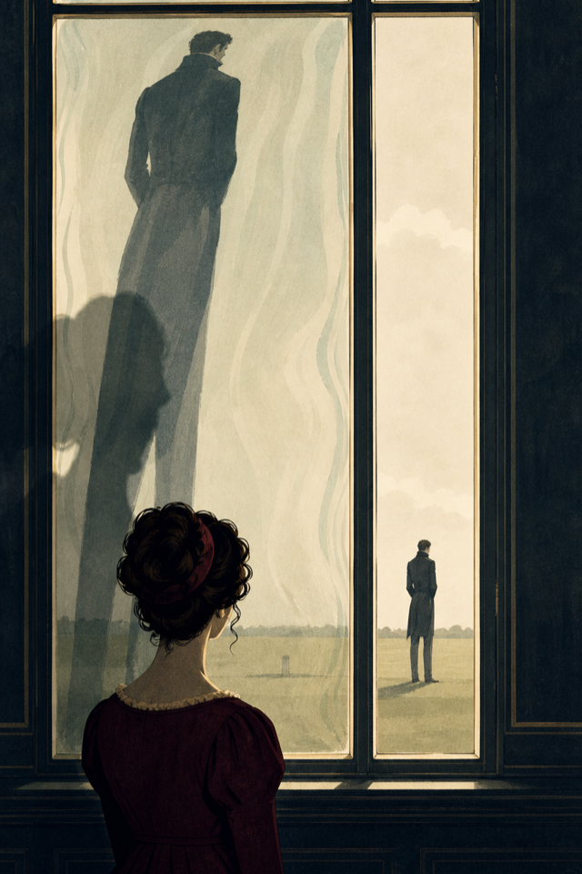 A woman looks through a divided window at a distant man and his enlarged distorted reflection.