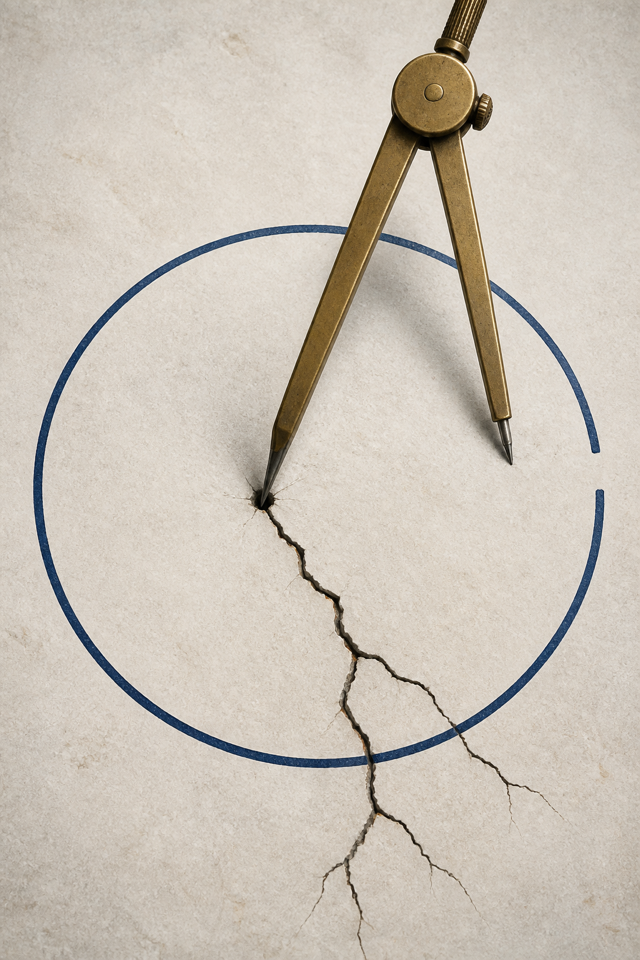 A brass compass draws a circle while a crack spreads beyond the line.