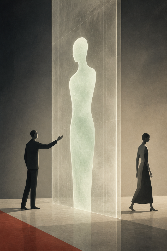 A man reaches toward a luminous human-shaped opening while a woman walks beyond it.