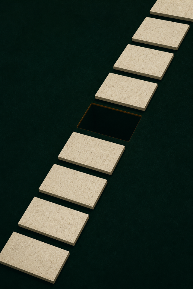 A path of pale slabs crosses a dark field with one central slab missing.
