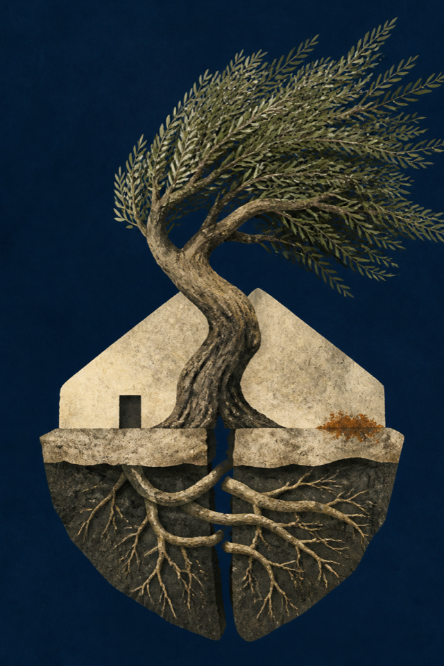 An olive tree and house stand on a split island whose roots bridge the divide.