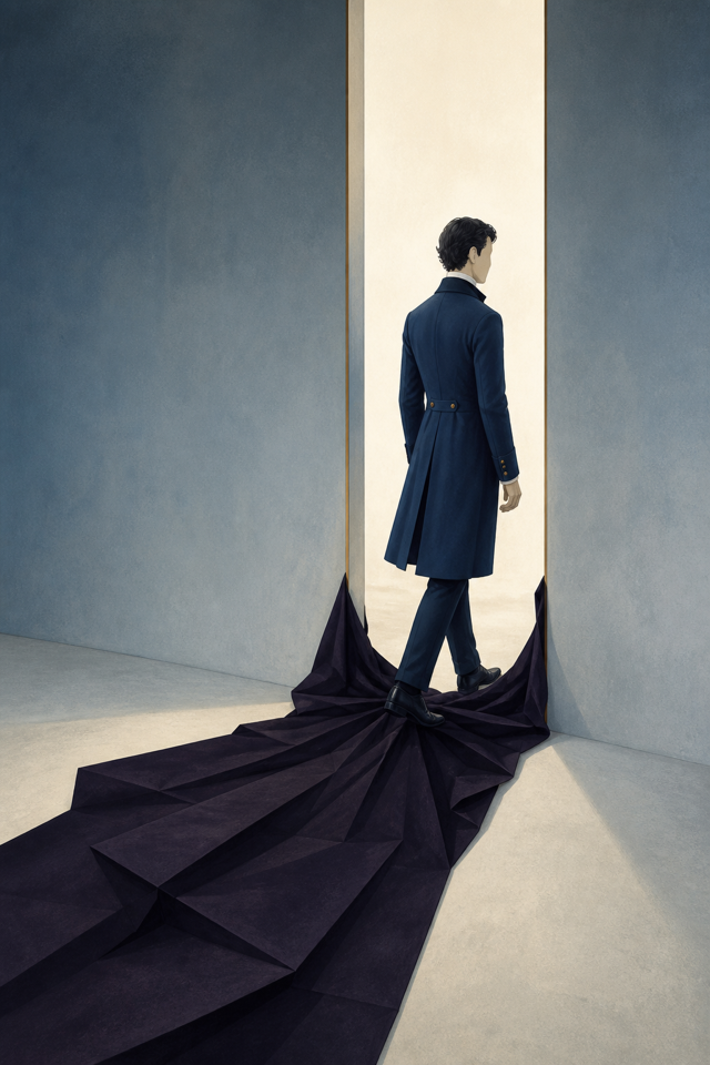 A composed man passes through a bright doorway while a dark folded shadow catches behind him.