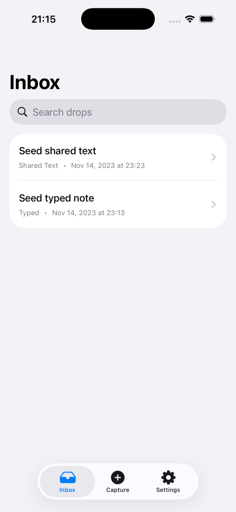 Drop iPhone Inbox with a search field and two non-personal seeded items labeled Shared Text and Typed above Inbox, Capture, and Settings tabs.