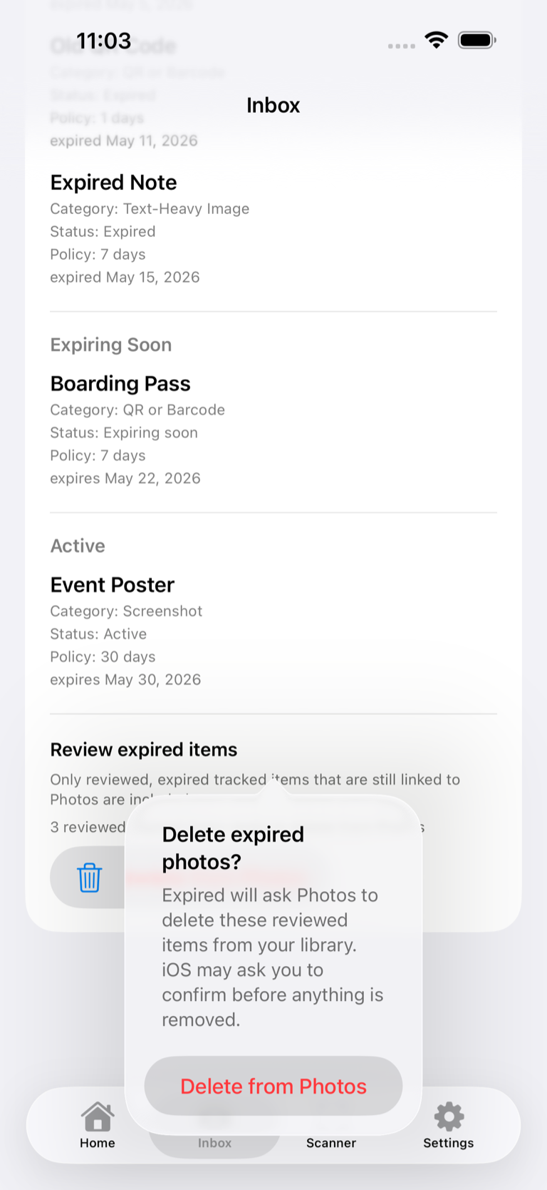 Expired confirmation dialog asking whether to delete reviewed expired photos from the Photos library.