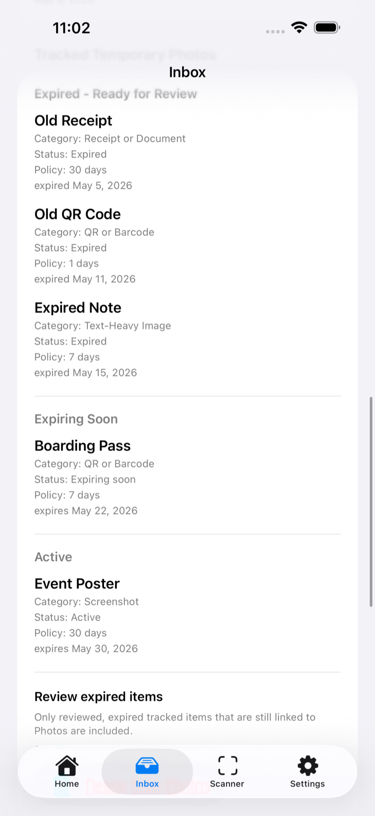 Expired Inbox fixture showing expired, expiring-soon, and active tracked items.