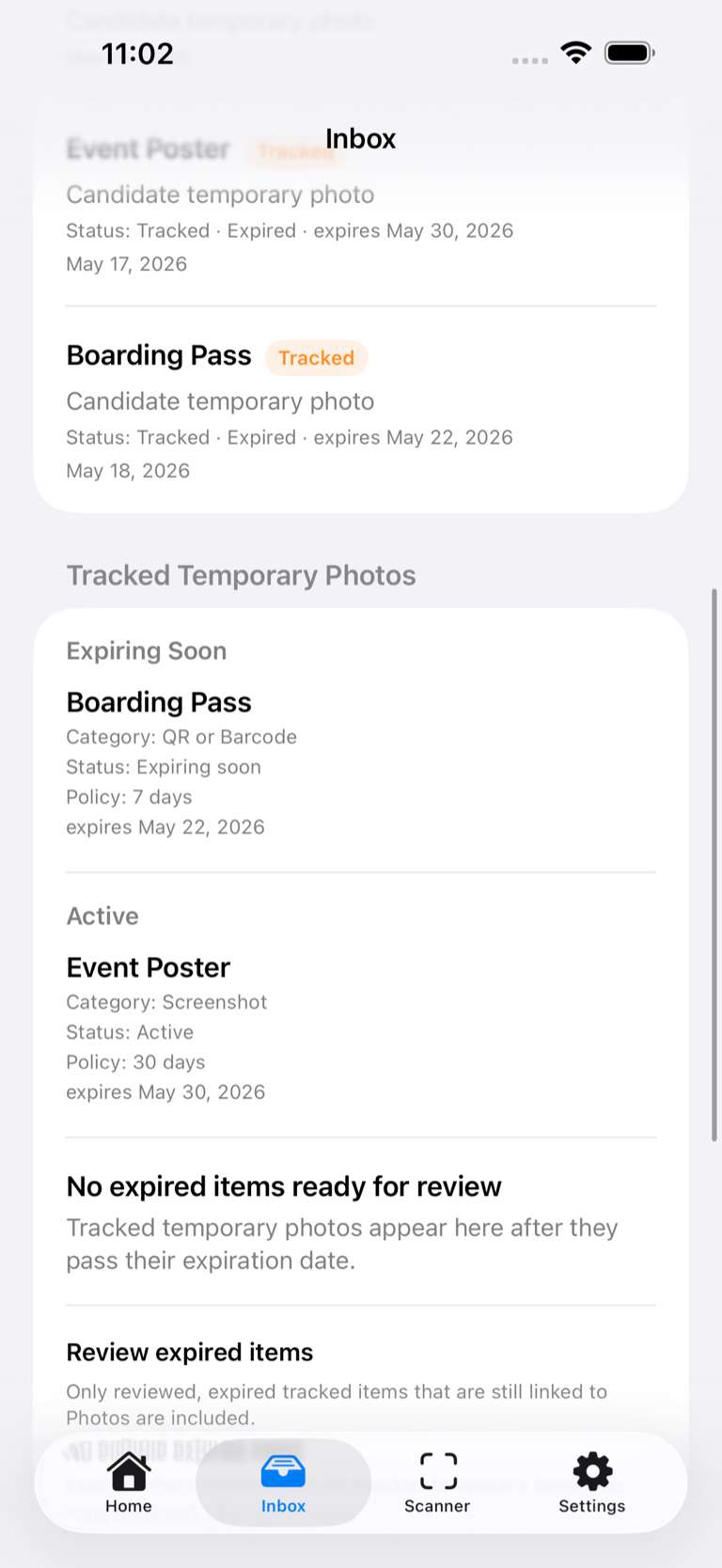 Expired Inbox showing tracked items separated into expiring-soon and active sections with their review dates.