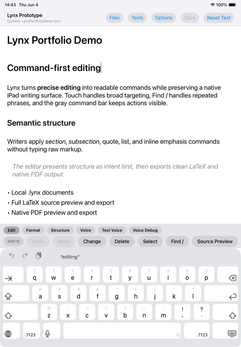Lynx prototype showing a structured document, visible command controls, and the iPad keyboard.