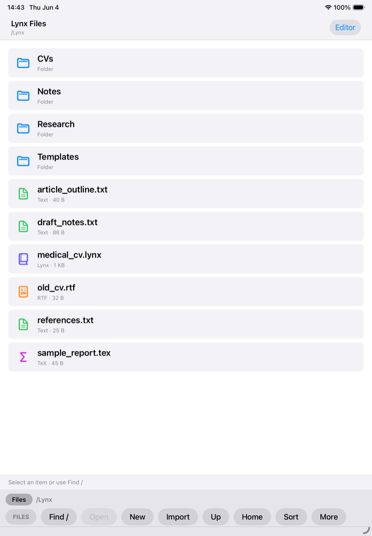 Lynx local file browser showing folders and sample Lynx, text, RTF, and TeX files.