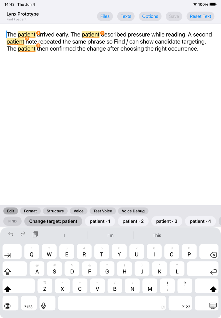 Lynx iPad prototype highlighting four occurrences of patient and presenting each as a numbered candidate.