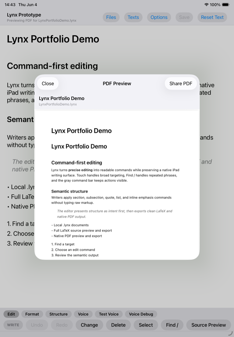 Lynx PDF Preview showing a locally rendered document and Share PDF control.