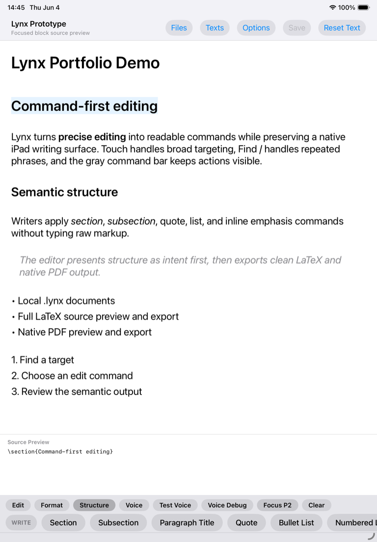 Lynx editor showing a selected heading and its LaTeX section command in a source preview.