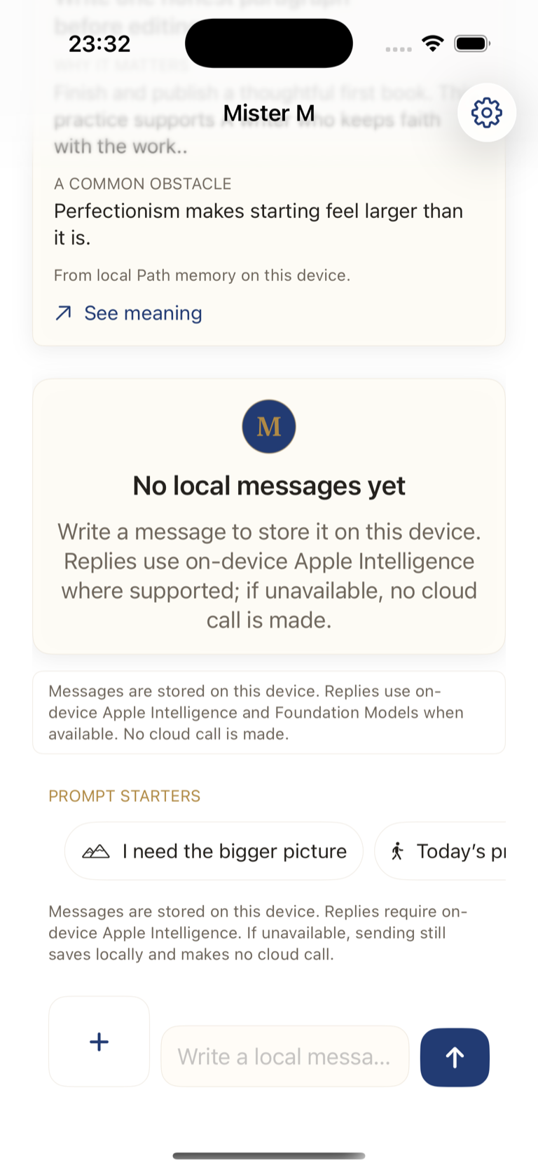 Mister M local conversation composer with no-cloud disclosure, editable prompt starters, and a message field.