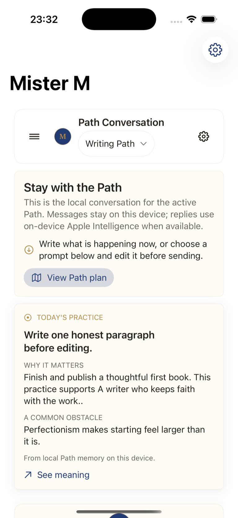Mister M iPhone screen showing a Writing Path, local conversation boundary, and today's practice with its meaning and a common obstacle.