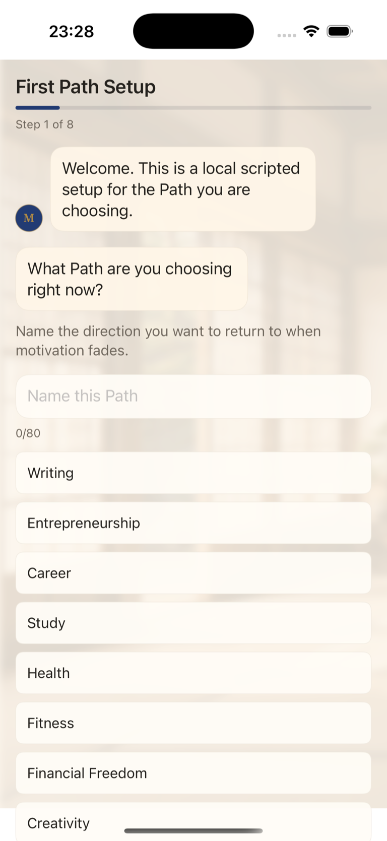 Mister M First Path Setup asking which Path the user is choosing and presenting several example directions.