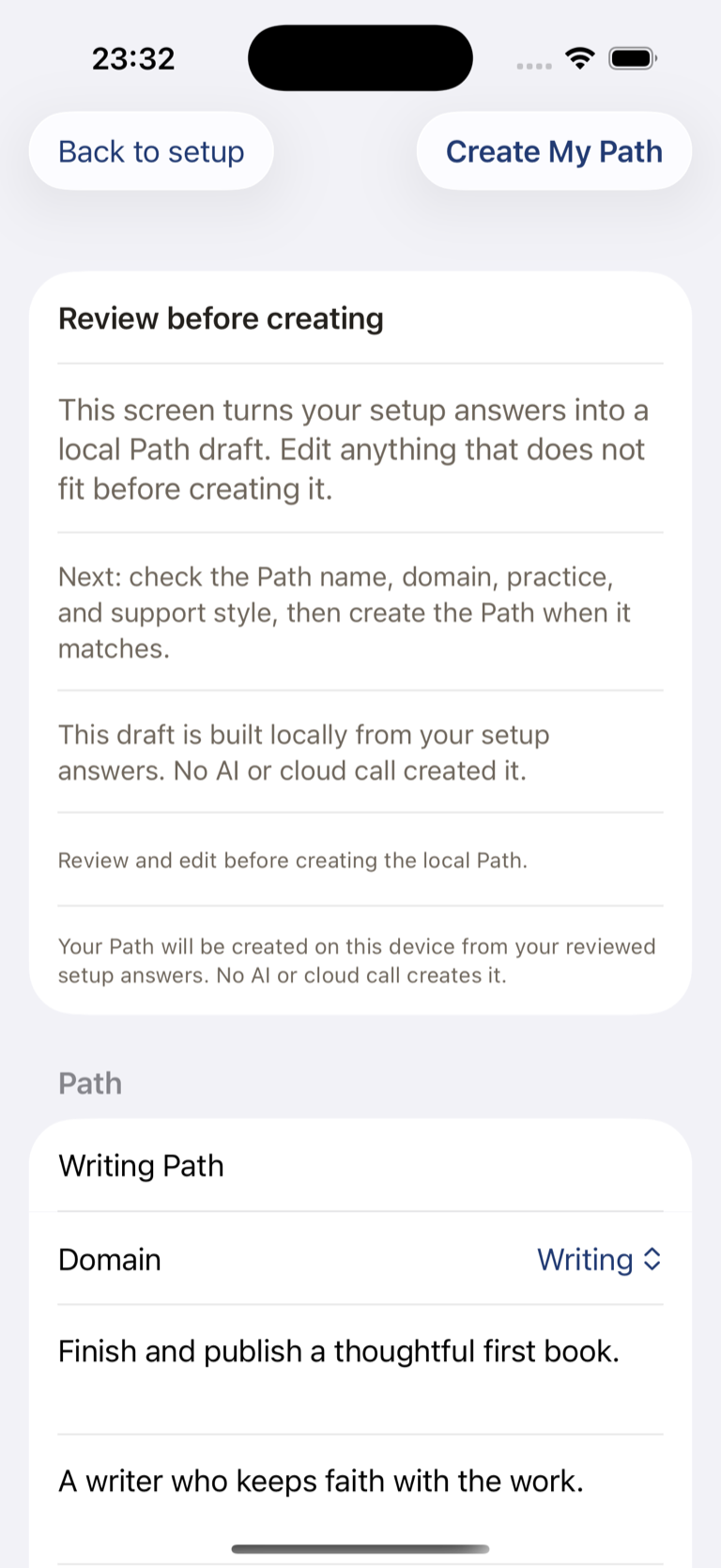 Mister M review screen explaining the local draft and showing fictional Writing Path details before creation.