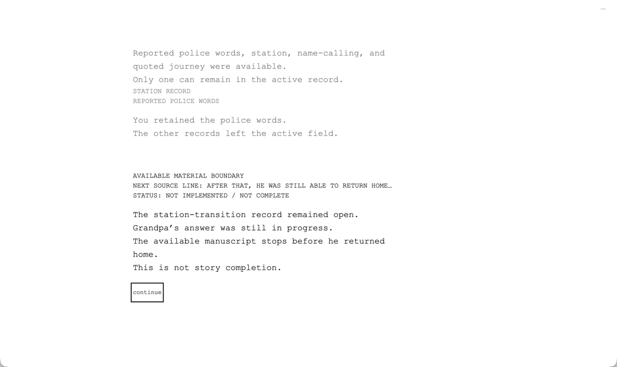 OnTheMetareverse available-material boundary stating that the next source line is not implemented and the story is not complete.